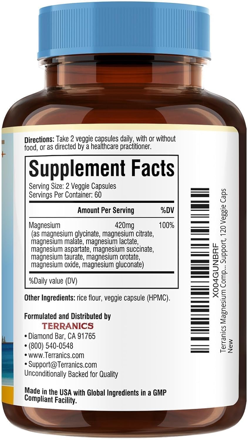 Terranics Magnesium Complex Supplement 420mg, 10-in-1 Full-Spectrum Formula, Glycinate, Citrate, Malate & More, Max Absorption, Bone and Heart Support, 120 Veggie Caps - Image 8