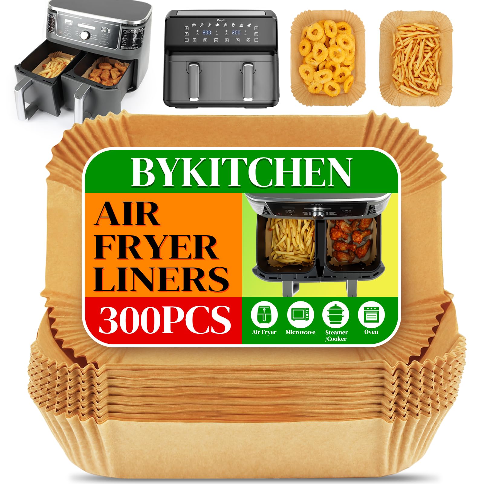 300 PCS Air Fryer Liners for Dual Air Fryer, BYKITCHEN Airfryer Liners Disposable for Keplin 9L & Ninja Foodi Max, Parchment Paper Accessories for AF400UK/AF300UK/DZ400UKSTGD & Other Double Fryers