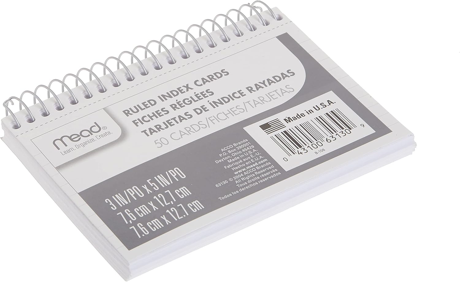Mead Index Cards, Spiral, Ruled, 3" x 5", White, Blank Back, 50 Cards per Pack, 1 Pack (63130) : Index Card Binding Cases : Office Products