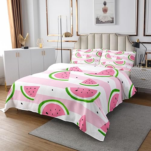 Miniatura 2 de Manfei Colcha de sandía, tamaño Queen, colcha acolchada con estampado de frutas Kawaii con 2 fundas de almohada, juego de colcha de rayas rosas y
