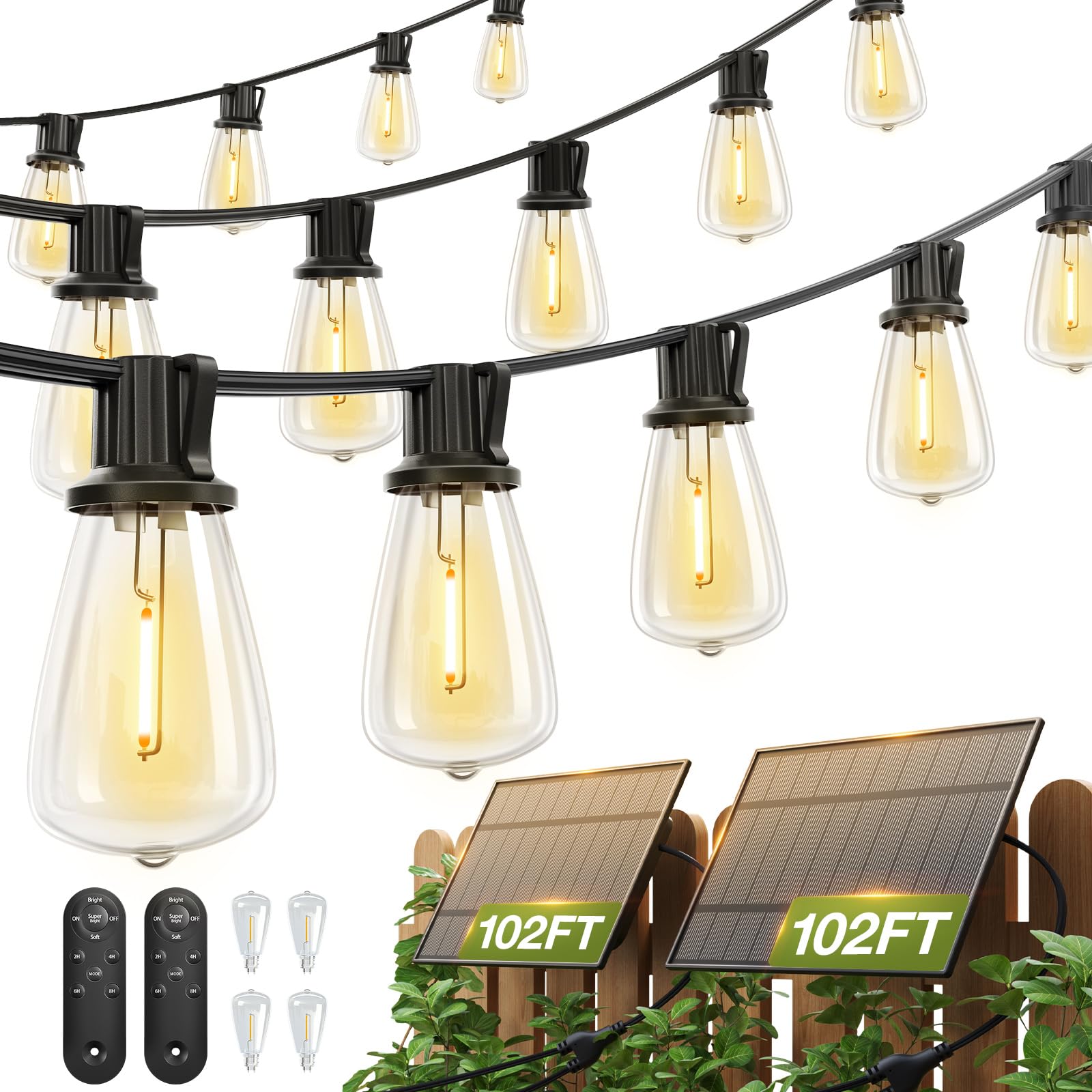 addlon 204FT(2 Pack*102FT) Solar String Lights Waterproof, Patio Lights Solar Powered with Remote & USB Port, 3 Lighting Modes 60+4 LED Shatterproof Bulbs Outdoor Light for Camping Backyard Garden