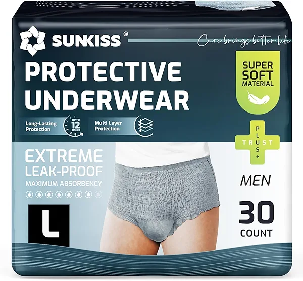 SUNKISS Incontinence Underwear for Men, Daytime Disposable Adult Pull Ups, Mens Protective Briefs with Maximum Absorbency, Large, Grey, 30 Count