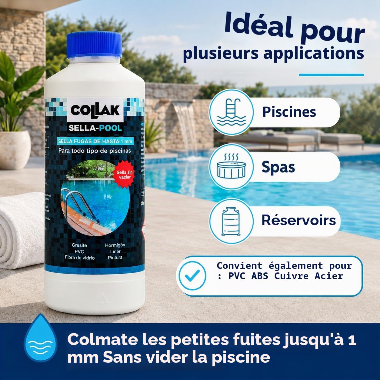 Collak - Scellant de Fuites pour Piscines Scella-Pool 1L – Répare les Fissures sans Vidanger – Compatible avec Liner, Béton, PVC, Fibre, SPA, Réservoirs et Tuyaux – Usage Professionnel et Domestique