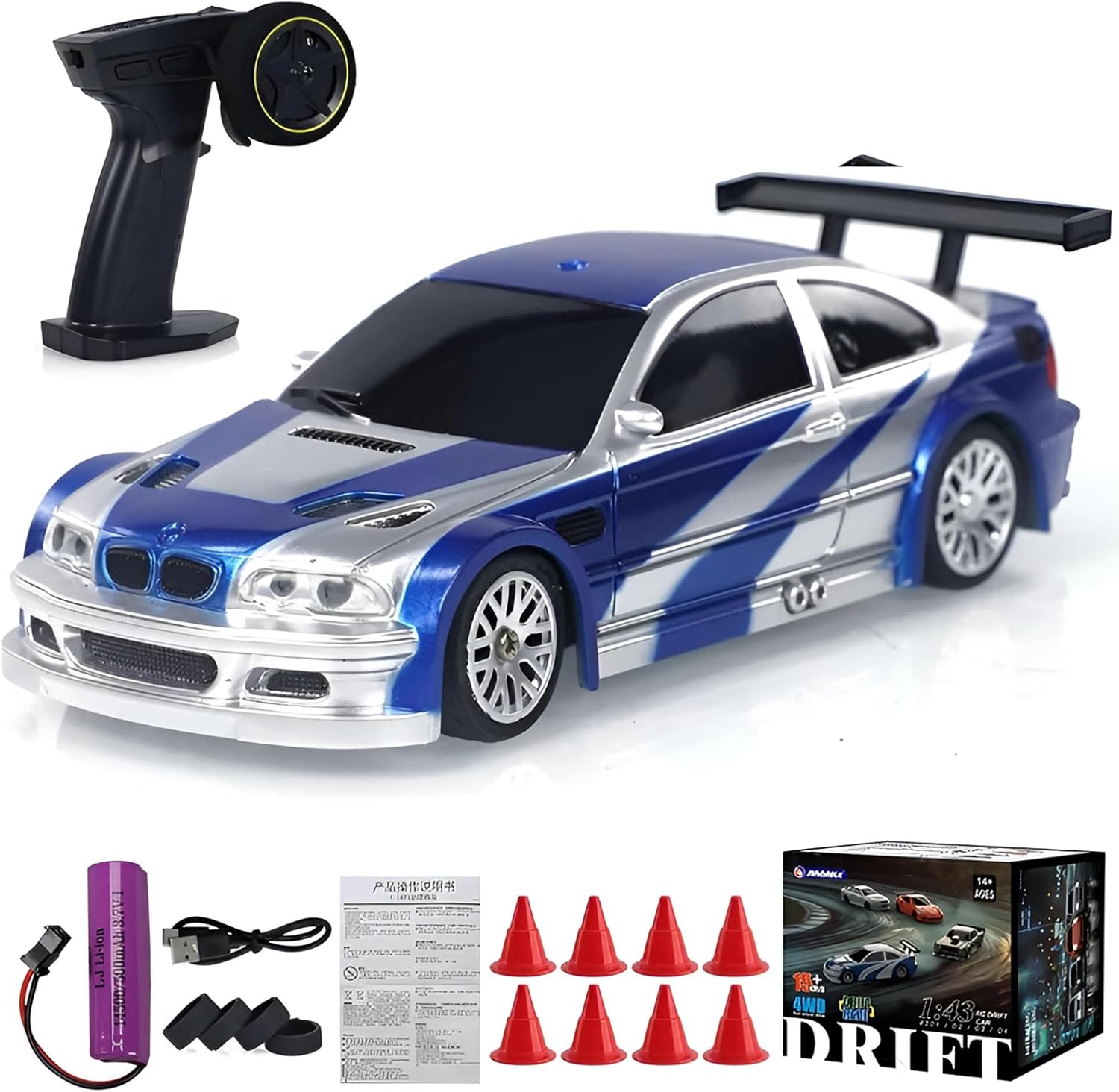 Rc Drift Car, 1/43 Scale 4WD with Full Proportional Control & 2.4G High Speed, 15km/h, LED Lights & Drift Tires, RTR Mini Racing Car for Adults - Indoor/Outdoor Use (4302 1Battery Box)