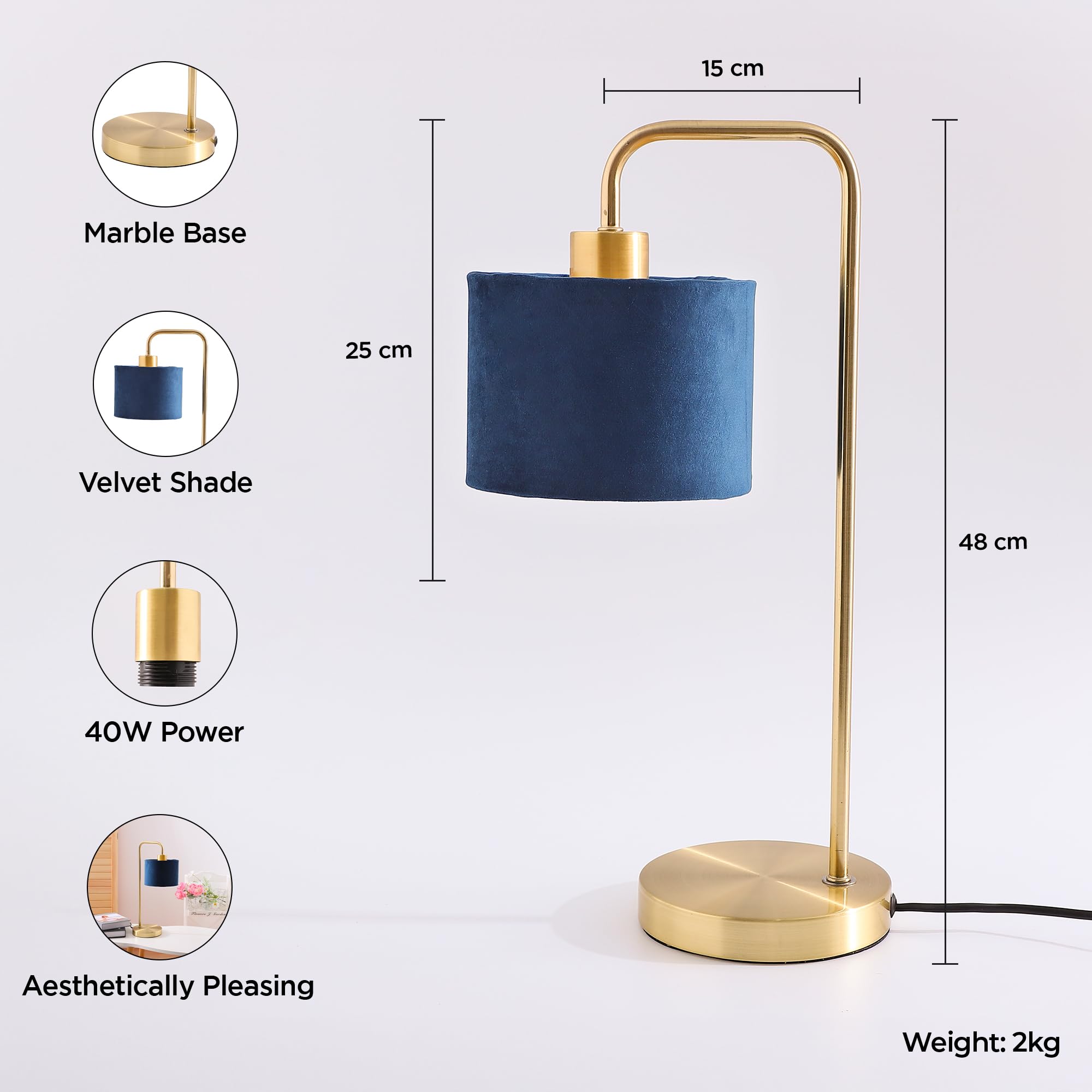 Kuber Industries Aesthetic & Modern Warm Light Bedroom Lamp for Side Table | Office & Desk Table Lamp for Living Room and Home Decor | House Warming Gifts | Golden & Blue-58434 2