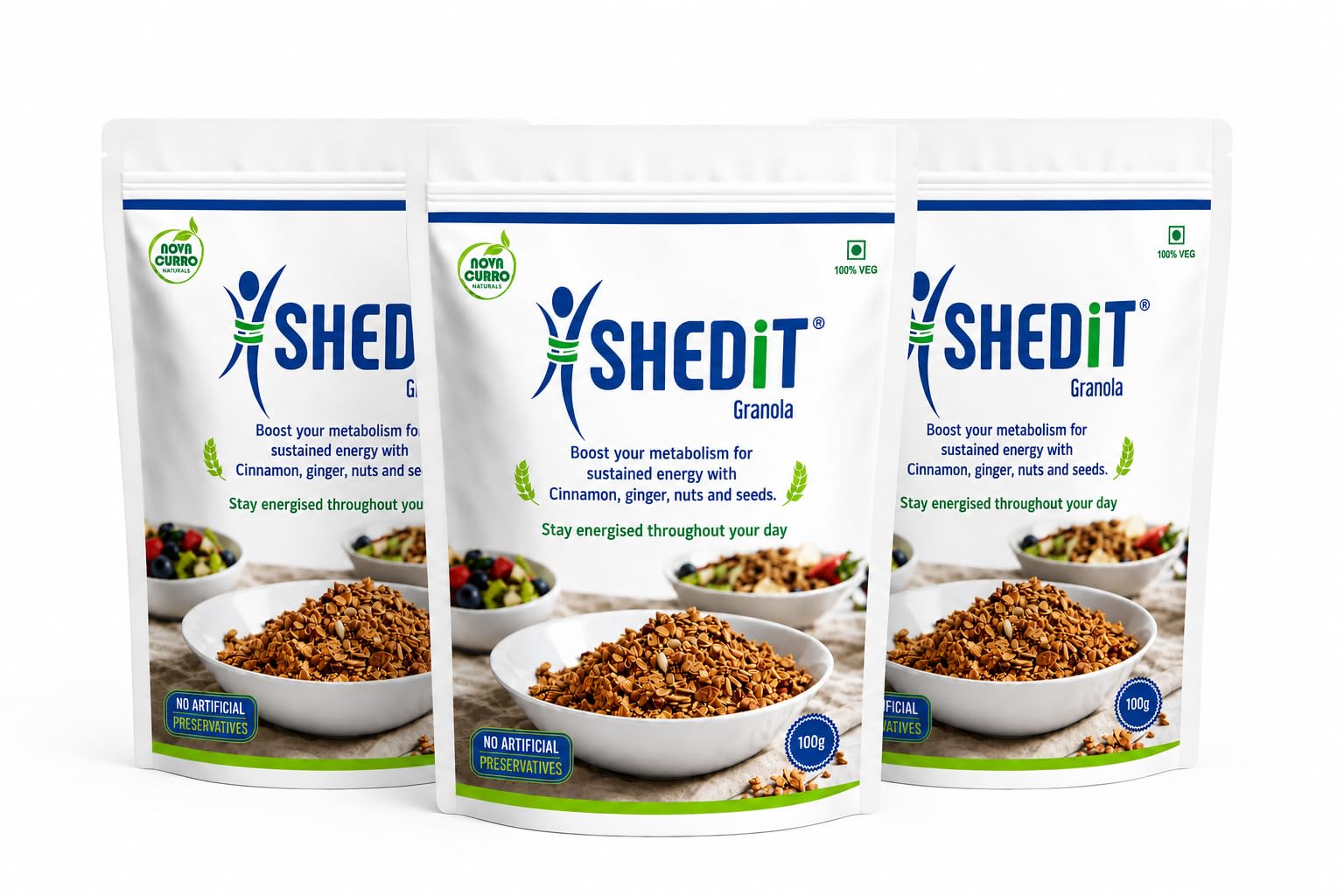 ShedIt Crunchy Granola Low Sugar Breakfast Cereal with Nuts, Seeds, Cinnamon & Ginger | High Fiber Healthy Snack for Weight Management & Metabolism Support | 100% Veg, 100g (Pack of 3)-image-31