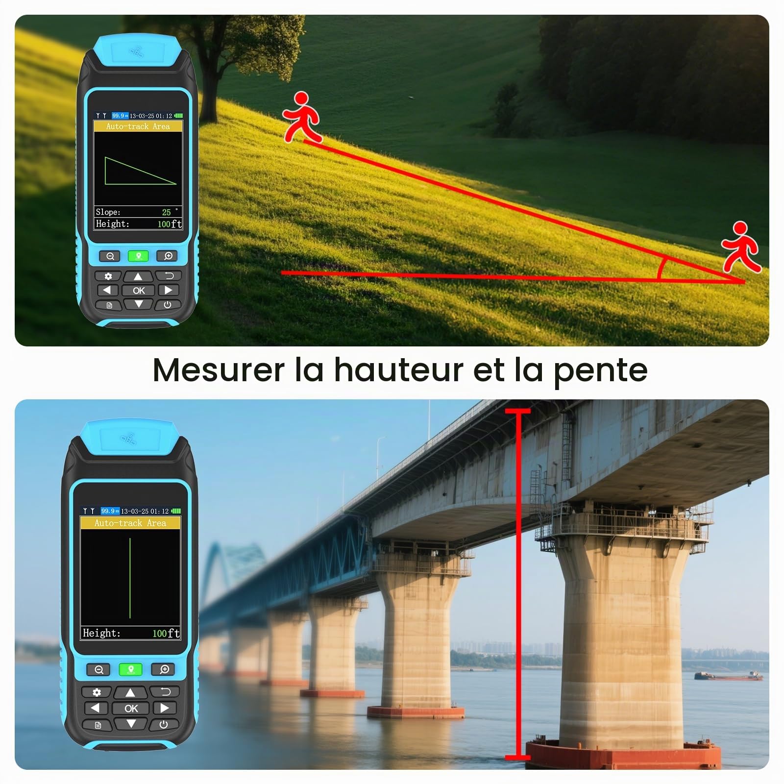 GPS Portable Mesure Superficie Distance Pente Positionnement Longitude Latitude Temps Réel Exportation PC 16x7.3x2.5 cm 436 g Piles Incluses