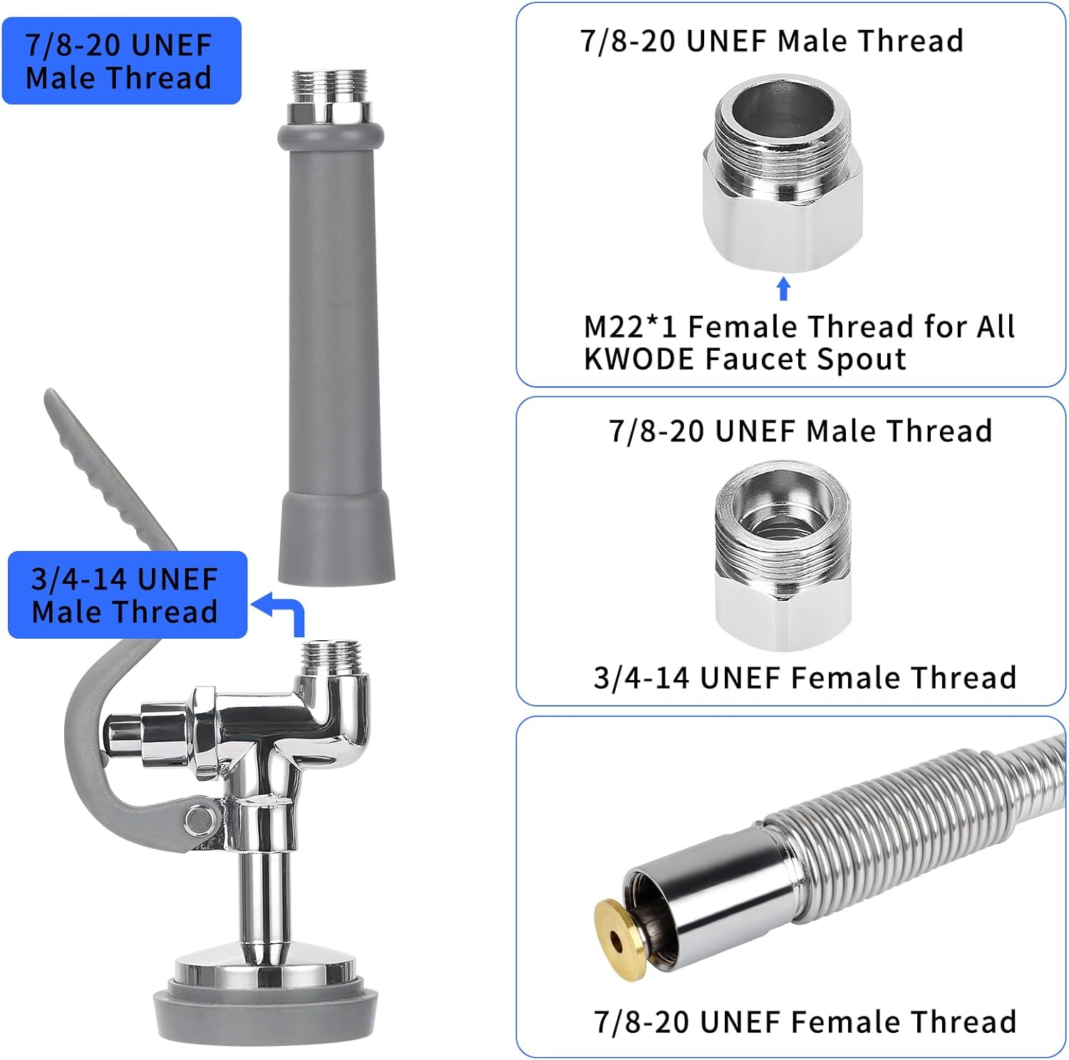 KWODE Gray Spray Valve with 38" Pre Rinse Hose, 38" Flexible Stainless Hose with High Pressure Pre Rinse Sprayer Nozzle Head Assembly Kit for Commercial Restaurant Industrial Kitchen Faucet