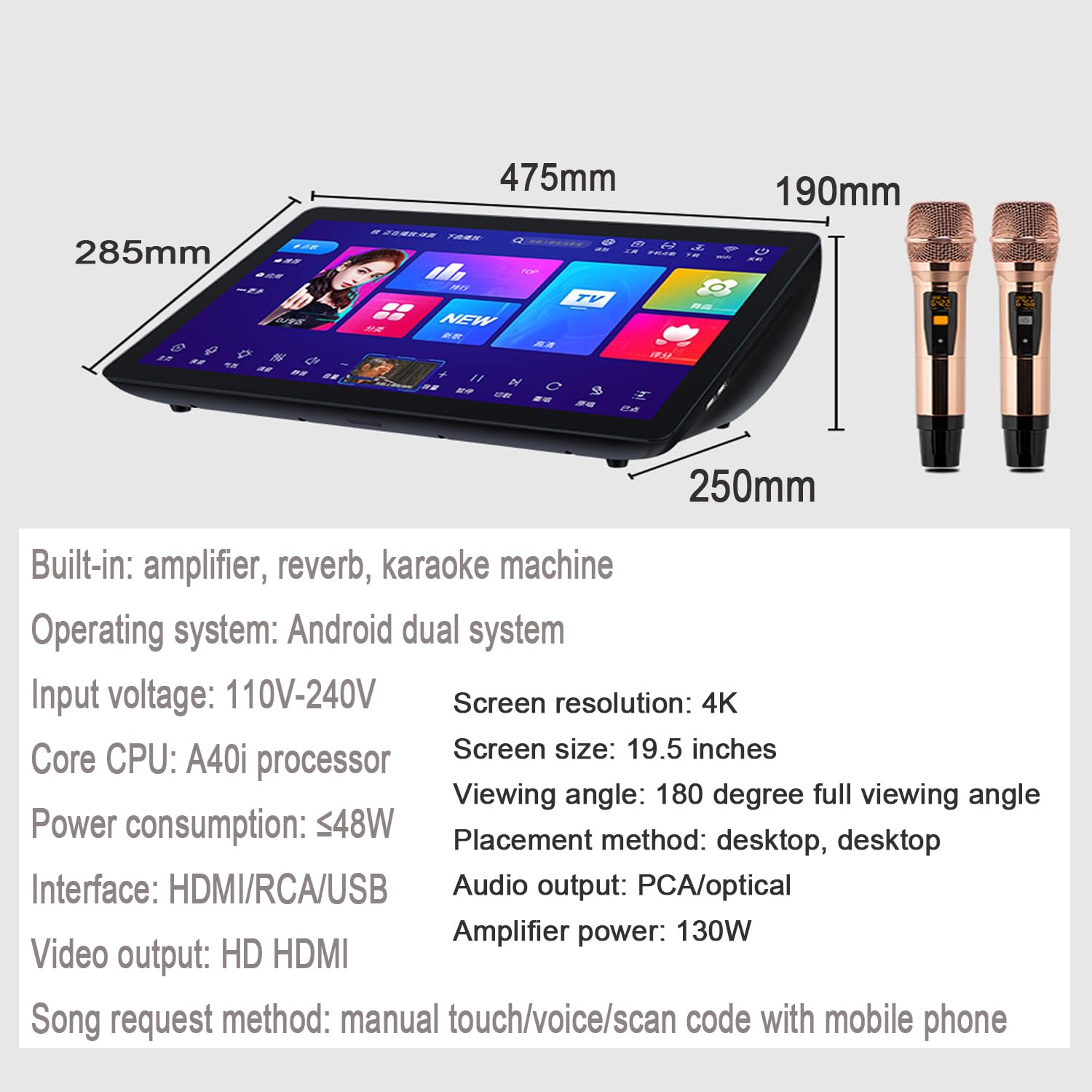 Macchina per karaoke professionale da 19,5 pollici, touch screen capacitivo a LED, con 2 microfoni wireless con riverbero, controllo app telefono, supporto 20 lingue, karaoke per feste in casa