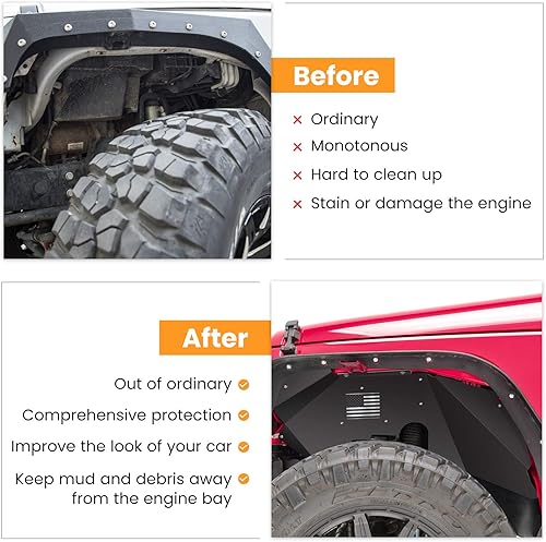 Miniatura 3 de Forros de guardabarros interiores delanteros para Jeep Wrangler JK JKU 4WD 2007-2018 Logotipo de la bandera de Estados Unidos resistente a la