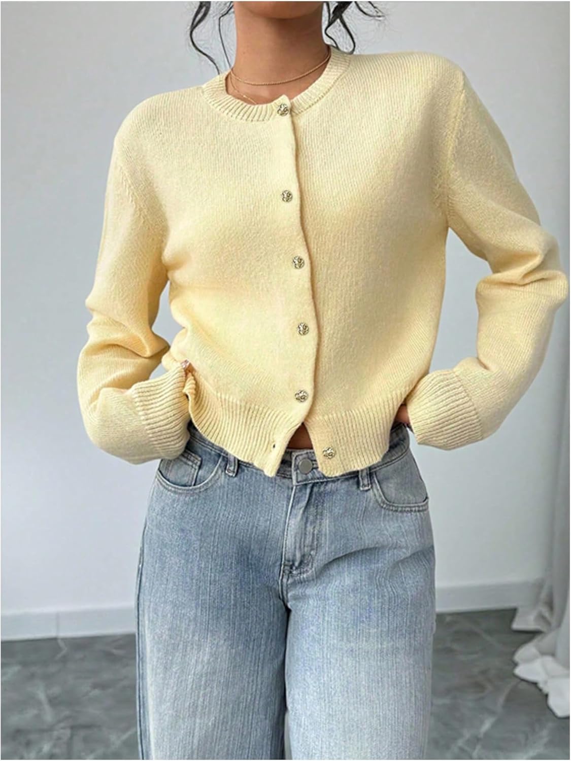 GORGLITTER Women's Button Up Cardigan Sweaters Fall Fashion Cozy Long Sleeve Crewneck Knit Cardigan - Image 4