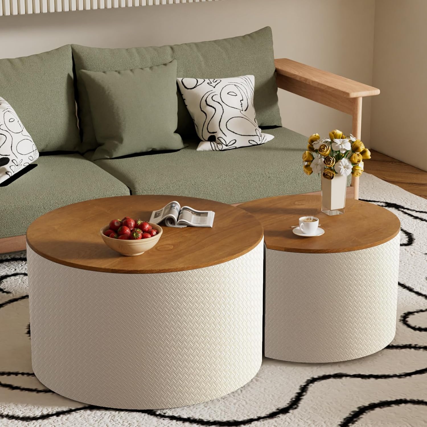 Round Nesting Coffee Table Set of 2 with Storage, Modern Round Coffee Tables with Storage for Living Room Leather Veneer Style Circle Drum Nesting Tables Crescent End Side Table (White)