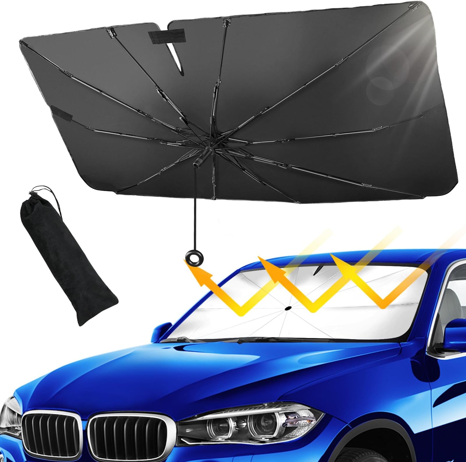 Car Windshield Sun Shade Umbrella,Pull Ring Car Sunshade Front Window Cover,Foldable Sunshade Umbrella with Opening Design for UV Ray Block & Sun Heat Protection for Most Vehicles(Large 60"X32")