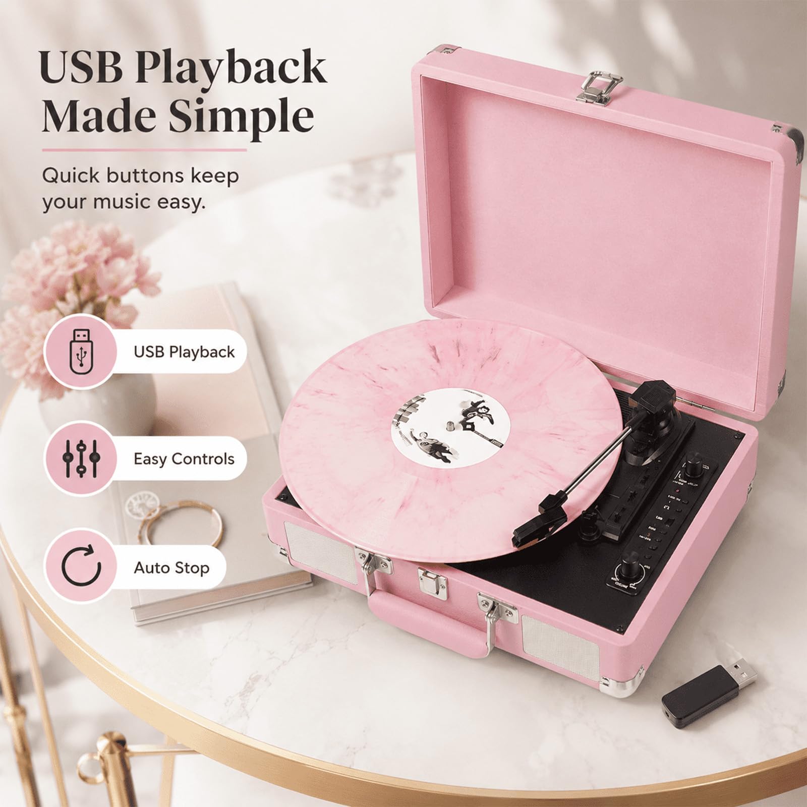 Schallplattenspieler 3-Gang-Bluetooth-Koffer-Plattenspieler mit eingebauten Stereo-Lautsprechern, USB-Aufnahme, tragbarer riemengetriebener LP-Player mit Cinch-AUX-Kopfhöreranschluss, Auto-Stop