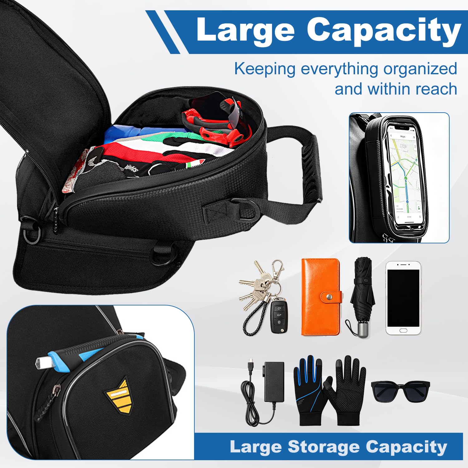 Motorrad Tankrucksack,wasserdichte Motorrad-Kraftstofftanktasche mit Abnehmbarer Touchscreen-Handyhalterung, Magnetic Motorcycle Tank Bag, 3 Magneten und 4 verstärkten Riemen