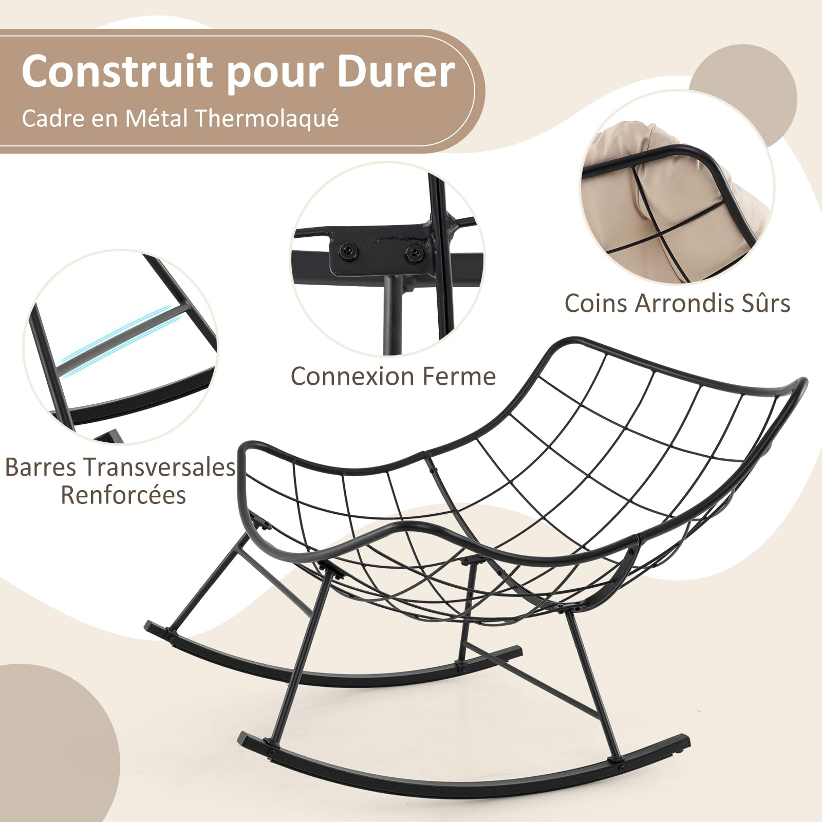 COSTWAY Fauteuil a Bascule d'Intérieur et d'Extérieur, Chaise Papasan Surdimensionnée avec Coussin Rembourré, Cadre en Métal, Fauteuil Œuf pour Salon, Patio, Capacité 205 kg (Beige)