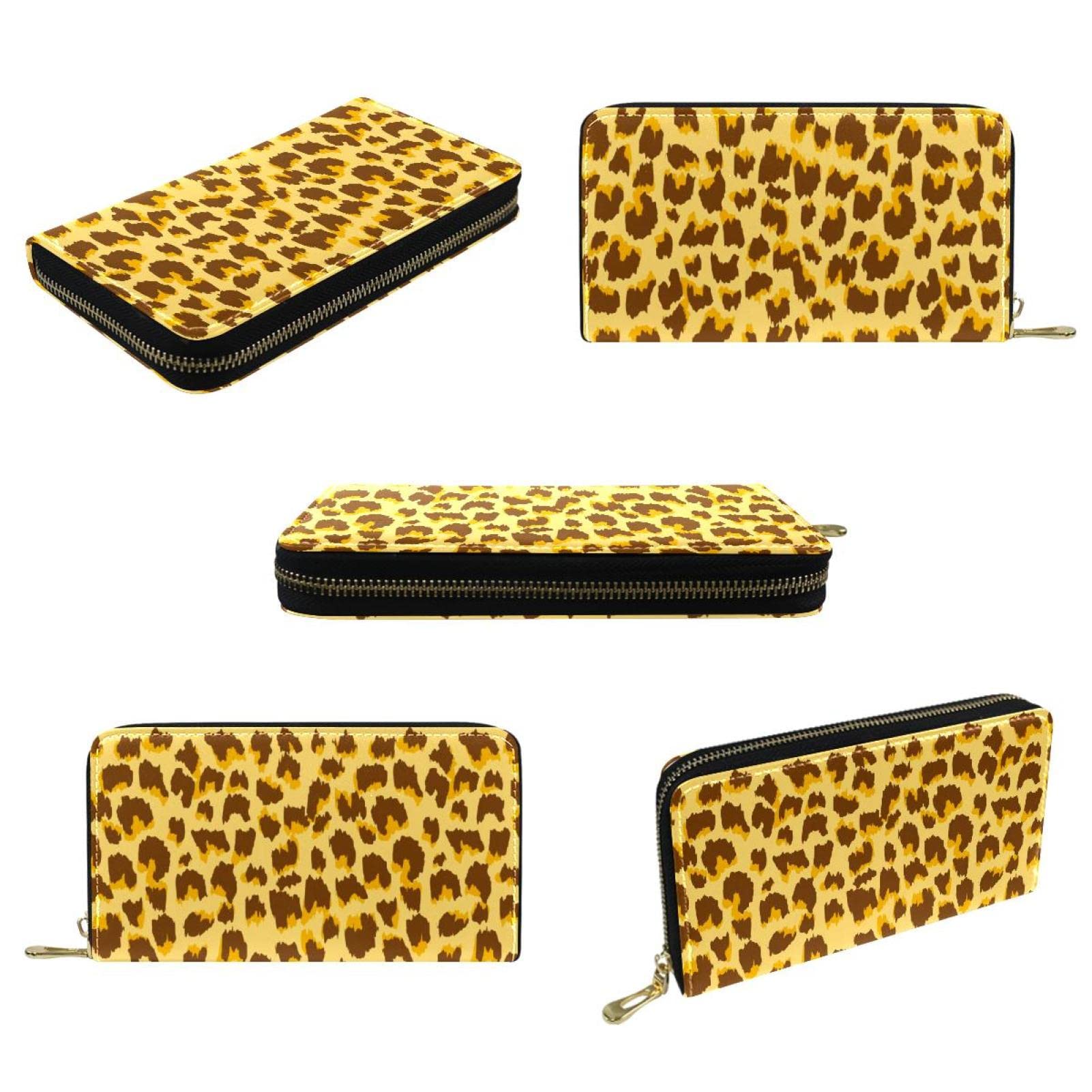 Cartera larga de cuero con cremallera de color natural con patrón de leopardo, Varios colores, 20.5x2.5x11.5cm/8.07x1x4.53 in, Classic