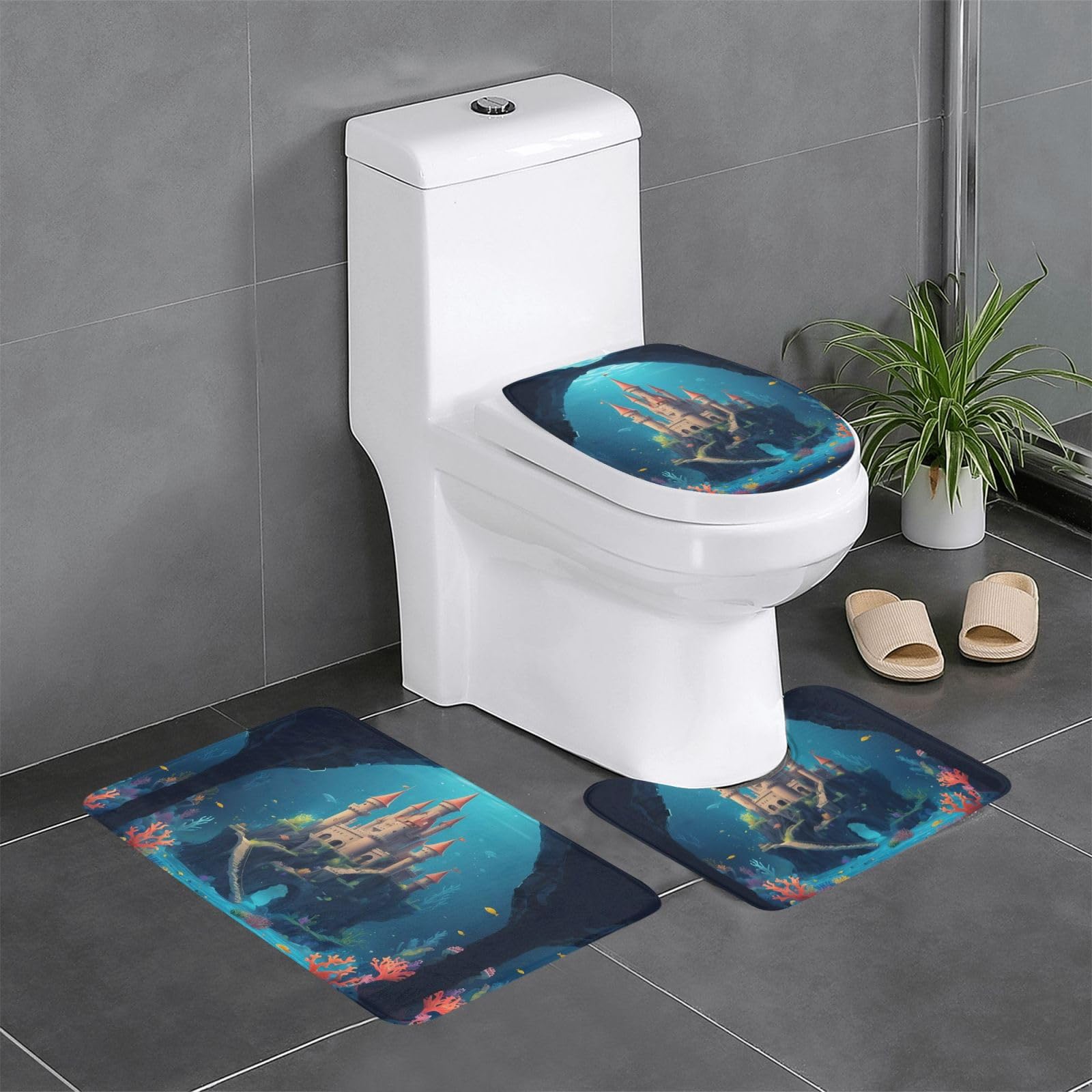Tapis de salle de bain antidérapants pour meuble-lavabo et WC décor château marin