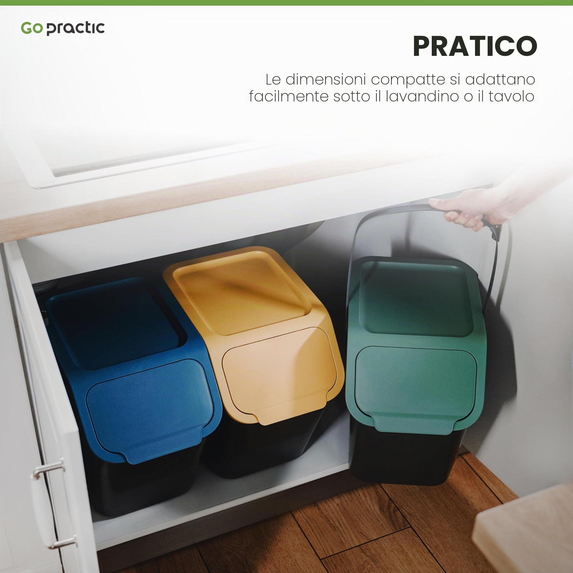 Set di 2 bidoni da cucina da 25 l, con coperchio, 2 filtri a carbone bioattivo, impilabili, sistema a "clic"