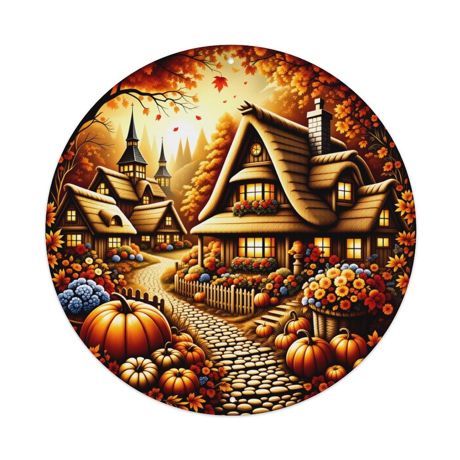 Autumn Cottage Garden Scene Pumpkin Metal Tin Sign Vintage Garden Bedroom Cafe Bar Man Cave Home Wall Decor Metal Poster 8x8 inches