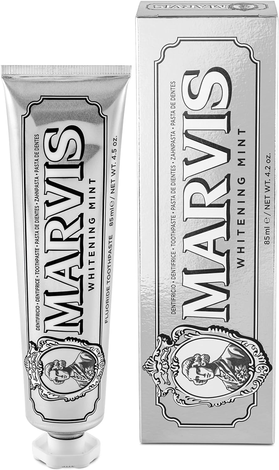 Marvis Pasta de dientes blanqueante de menta, 85 ml, gel dentífrico para un blanqueamiento natural, pasta dental refrescante que elimina la placa