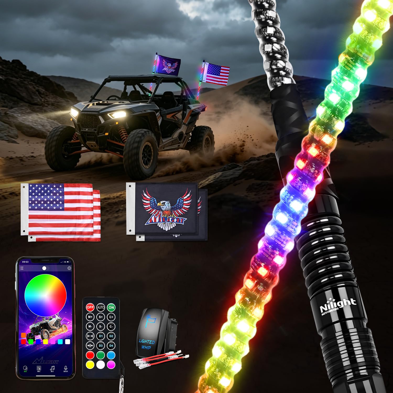 Nilight RGB LED Whip Light 2PCS 3FT Spiral Antenna Whips
