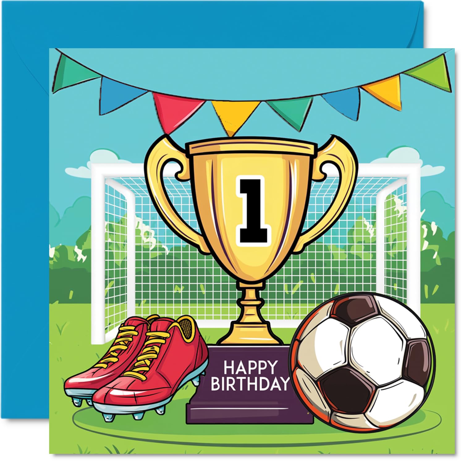 1st Birthday Card Boy - Champions Winners Trophy - Football Birthday Card for 1 Year Old Boy, Age 1 Boys Cards, 145mm Footy Greeting
