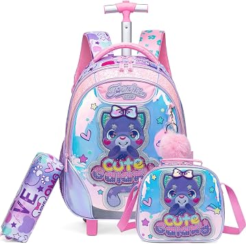 Kids Rolling Backpack for Girls TPU Material Bear Trolley Suitcases Luggage with Wheels Bookbag Wheeled 3pcs on Lunch Box Pencil Case Elementary Teenagers Pink for Girls Age 5-12
