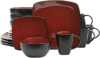 Gibson Elite Soho Lounge 16-Piece Square Dinnerware Set for 4 - Reactive Glaze Stoneware Red Black Plates Bowls Mugs, Microwave Dishwasher Safe