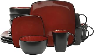 Gibson Elite Soho Lounge 16-Piece Square Dinnerware Set for 4 - Red Black Reactive Glaze Stoneware Plates Bowls Mugs, Microwave Dishwasher Safe