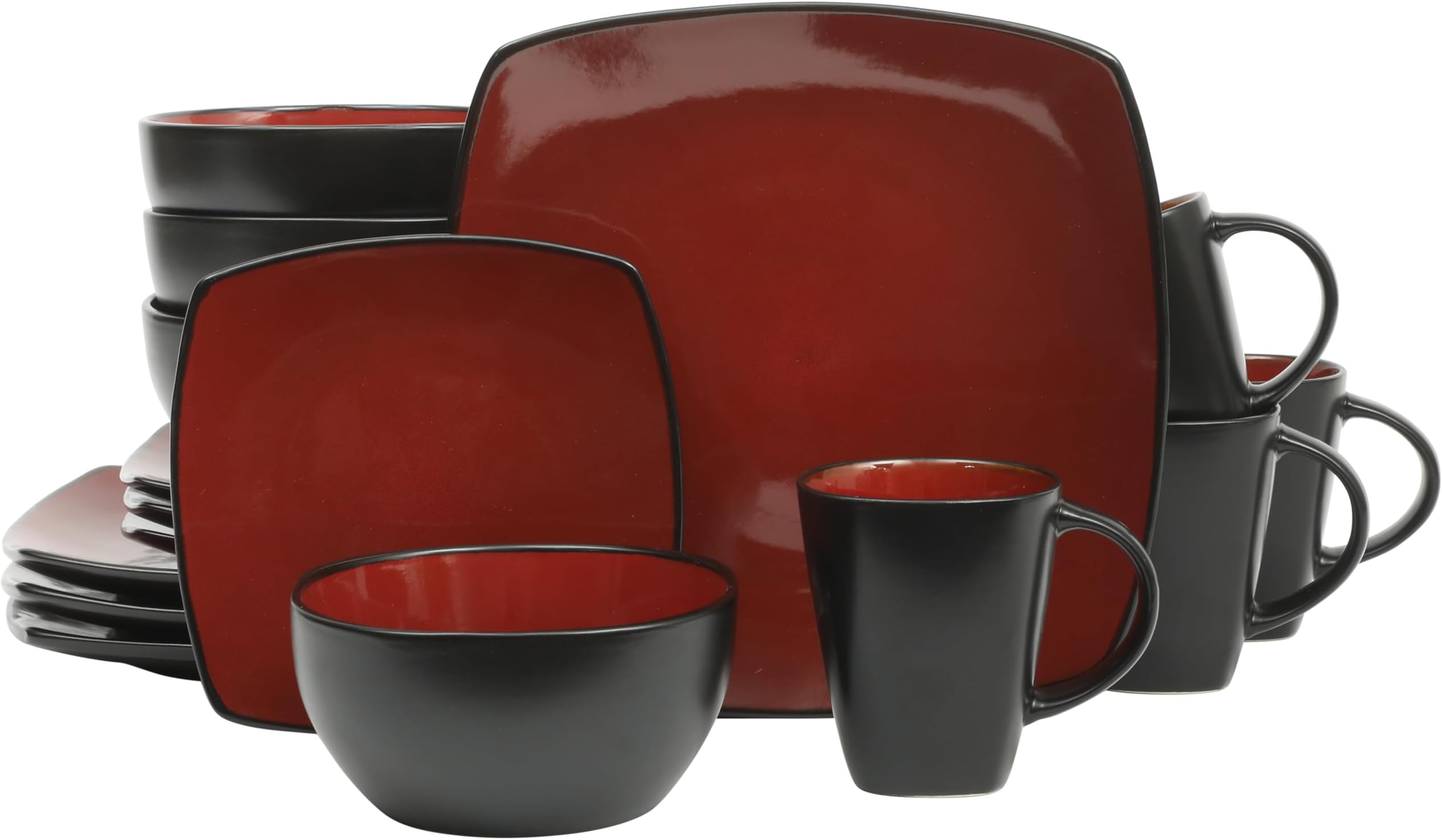 Gibson Soho Lounge 16-Piece Square Reactive Glaze Dinnerware Set, Red