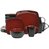 Gibson Elite Soho Lounge Square 16-Piece Dinnerware Set, Service for 4, Reactive Glaze Stoneware Plates and Bowls, Modern Dishes, Microwave & Dishwasher Safe – Red and Black