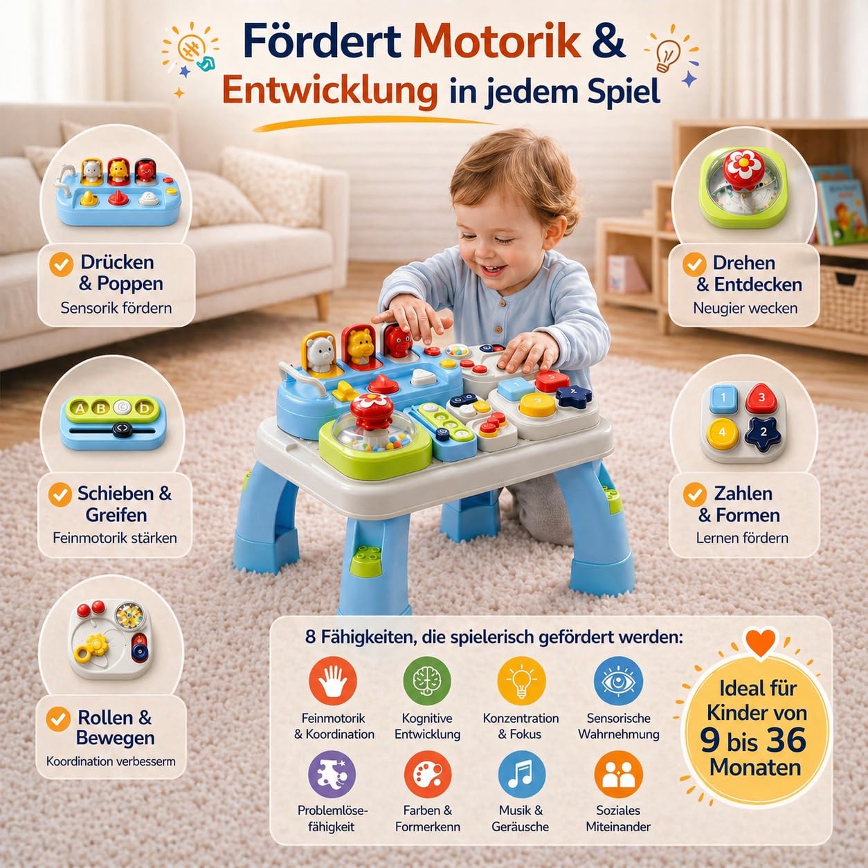 AMAYO - Baby Aktivitätstisch Montessori ab 9-36 Monate – Interaktiver Babys Entdeckertisch Spieltisch mit Motorikspielzeug, Musik & Lernspielen – Lernspielzeug oder Geschenk für Babys & Kleinkinder