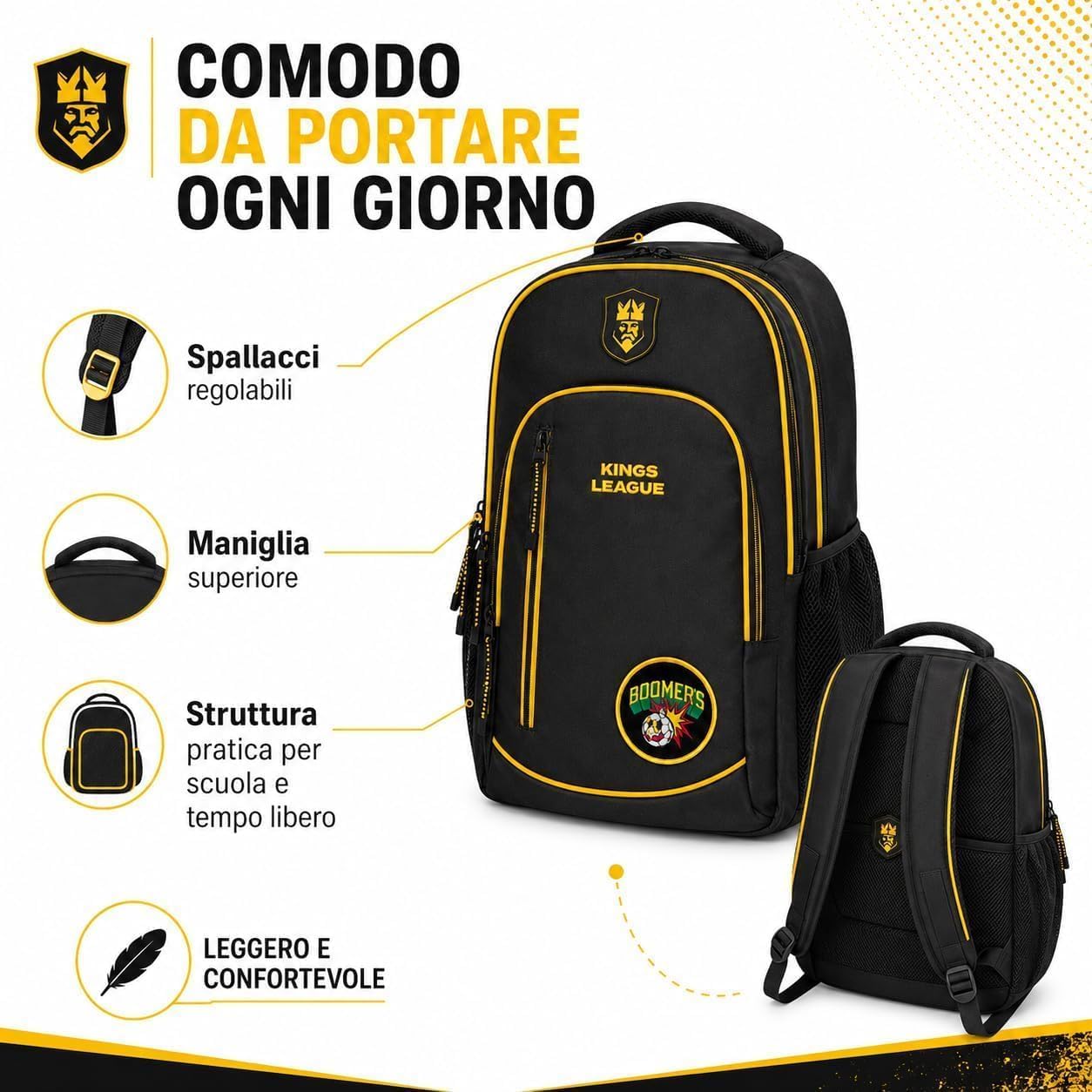 PRESTIGE & DELUXE Zaino Tondo 3 scomparti - King League Patch Intercambiabile - per la scuola primari Bambini + Astuccio FC TRM ovale 22 x 8 x 5 cm + diario + Kit penne e portachiave calcio
