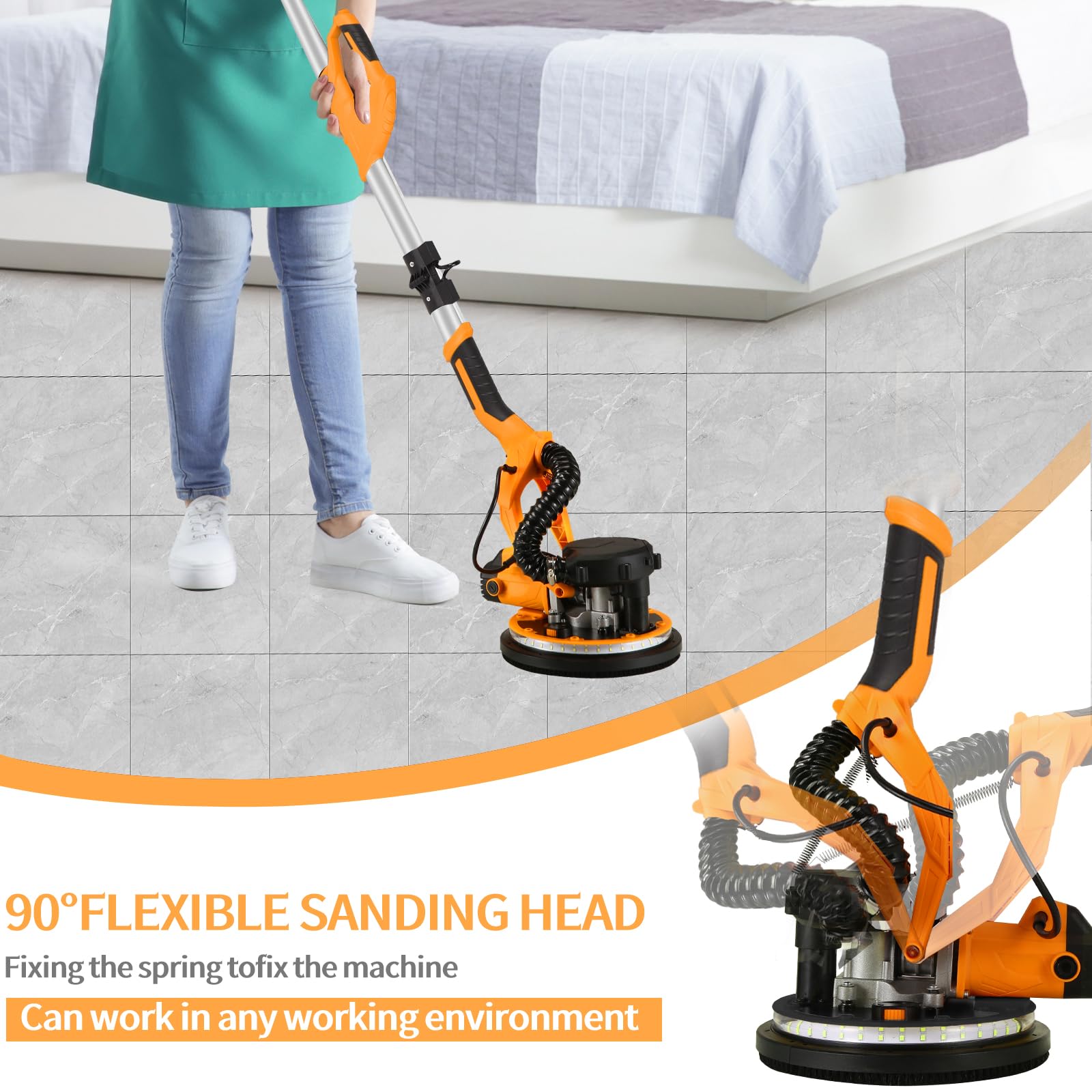 Levigatrice per Cartongesso AQTZGOS, Levigatrice Elettrica per Cartongesso da 7,5 A con Aspirazione Polvere, 6 Velocità Variabili 800-1750 Giri/Min