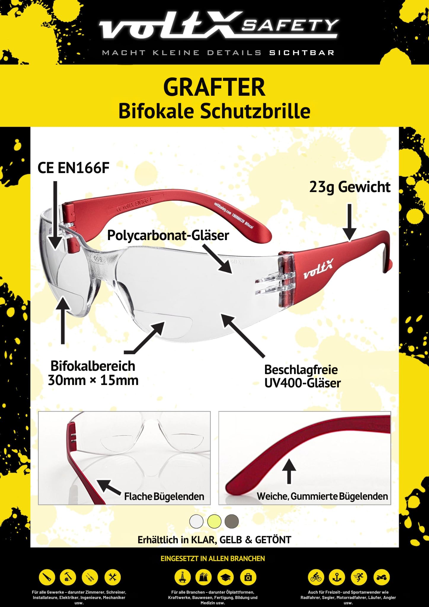voltX 3 x GRAFTER Bifokale Leichtgewichts Lesen Schutzbrille KLAR +1.5