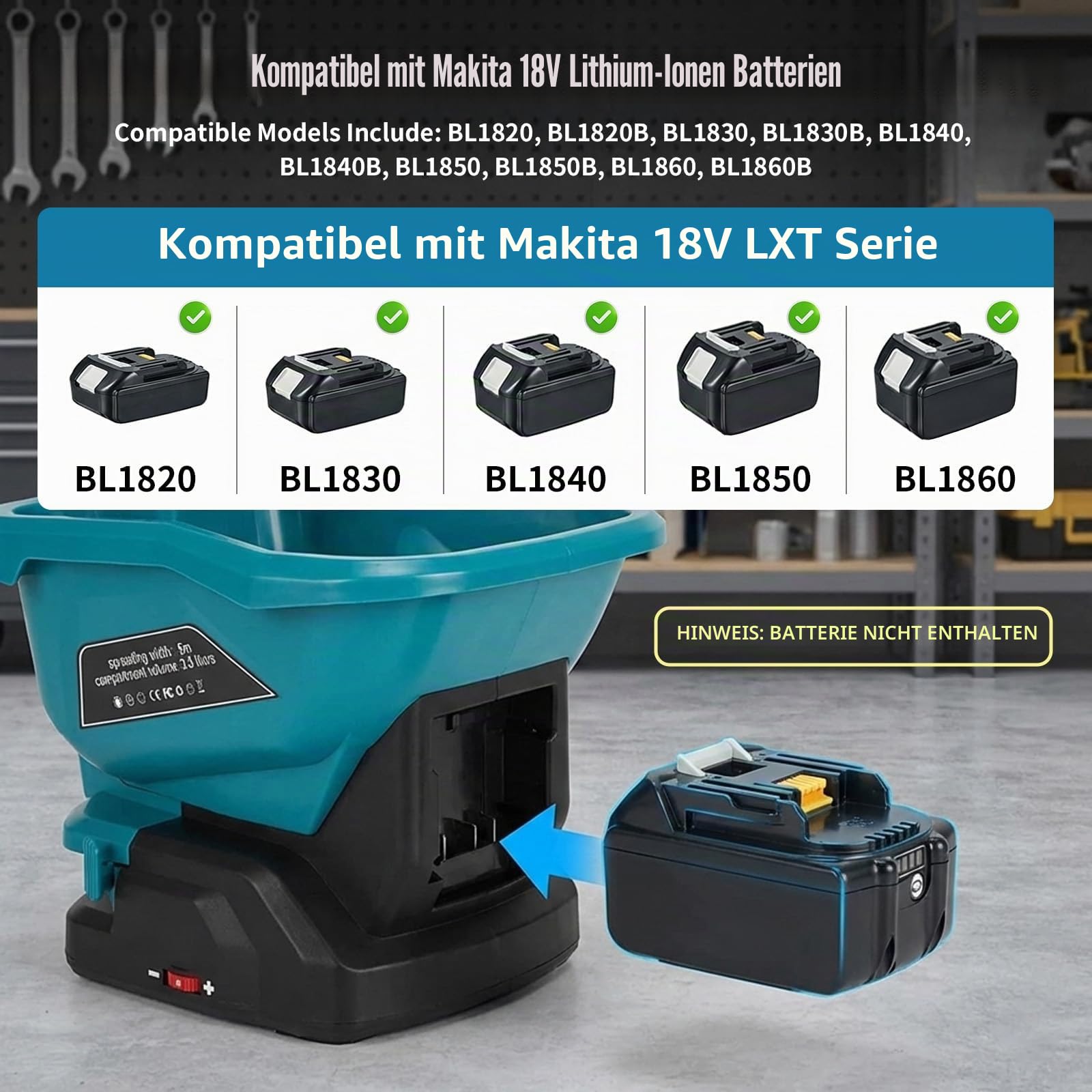Cordless Düngerstreuer kompatibel mit Makita 18V Akku, 3,3-Liter Handgehaltener Sä- und Streuwagen für Dünger,Saatgut, Streusalz, 5 m Streubreite, 6 Geschwindigkeiten & 8 Streustufen(Ohne Akku)