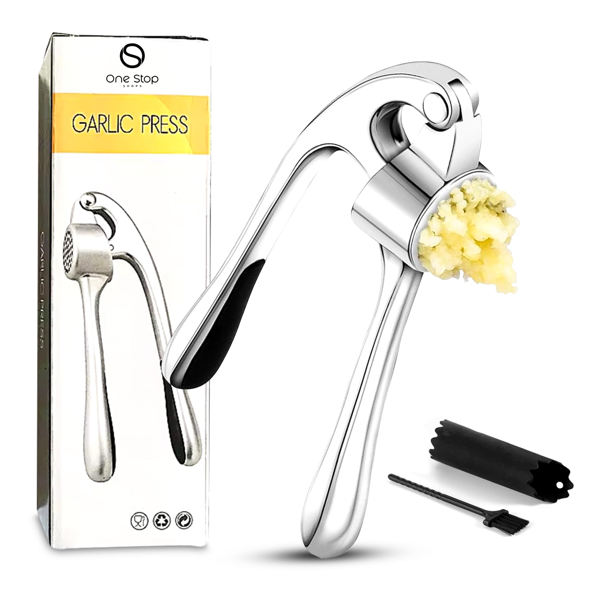 Prensa de ajos, juego de 3 piezas, picadora profesional apta para lavavajillas con mango ergonómico suave, pelador de silicona y cepillo de limpieza, 6.6 x 1.7 pulgadas, color plateado