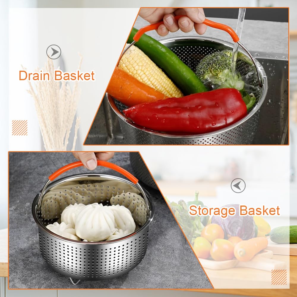 Cesta de Vapor Acero Inoxidable 2L 17.5cm Cesta para Vapor de Olla Cesta Vaporera de Verduras Cesta de Vapor para Olla a Presión Castillo Multiusos con Mango para Verdura Huevo Rroz + Esponja