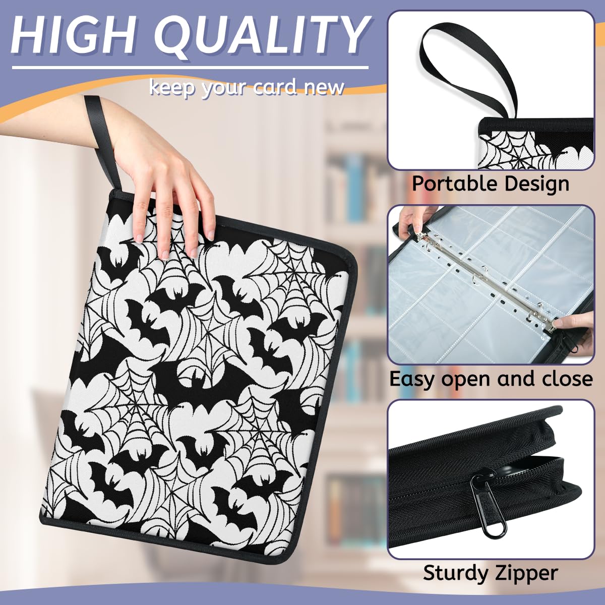 Raccoglitore per carte collezionabili con 9 tasche, per Halloween, con maniche rimovibili, impermeabile, con cerniera, 50 pagine, capacità 900 carte