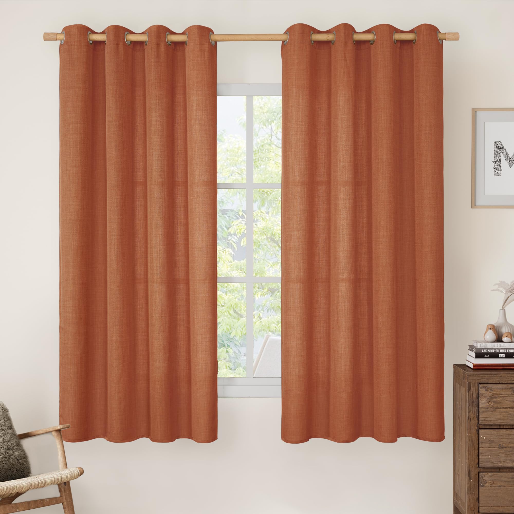 LAMIT Terracotta Light Filtering Linen Curtains 63 Inch Length 2 Panels