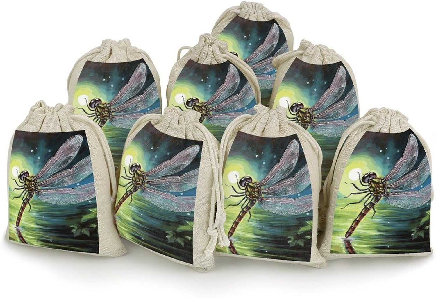 FekiLoot Dragonfly Painting Cotton Linen Drawstring Bags Pack of 8