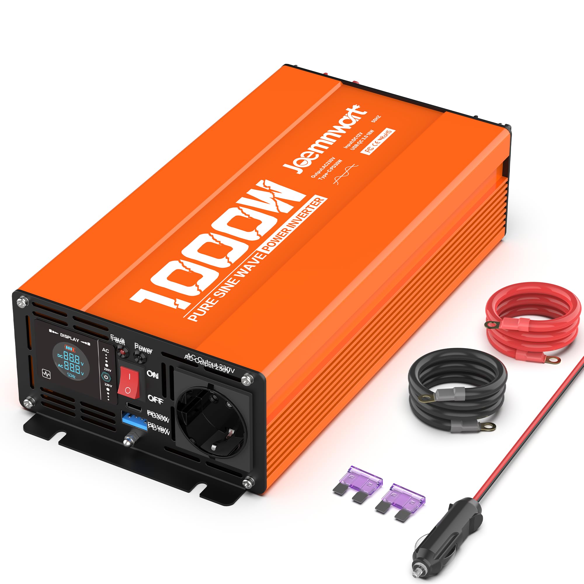 1000W Reiner Sinus-Spannungswandler, 12V auf 230V Wechselrichter mit LCD Display