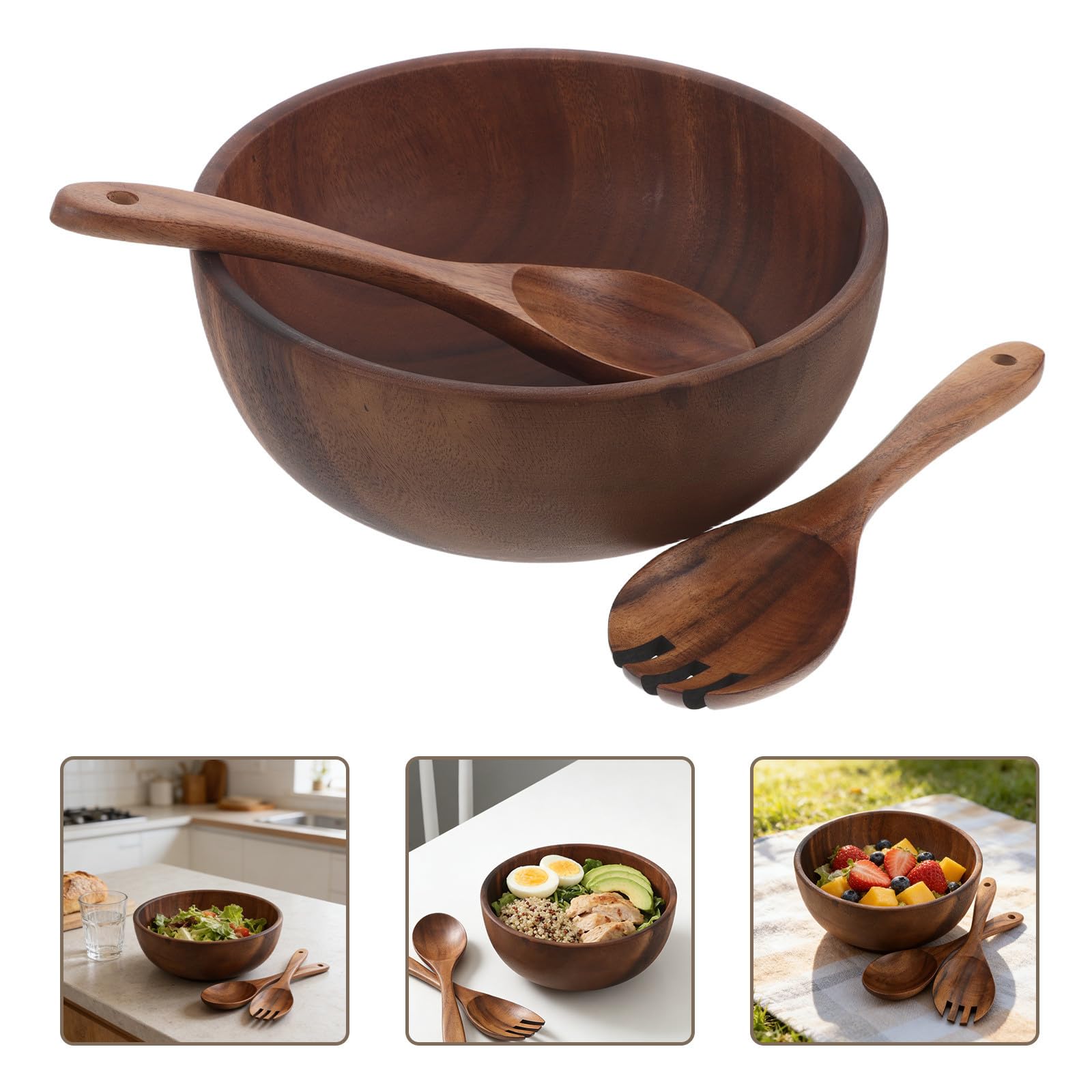 Juego de Cuencos para Servir Ensalada de Madera de 2, 5 L | Redondo Marrón, Incluye Tenedor y Cuchara, Acabado Rústico, 85 Oz para Reuniones y Fiestas