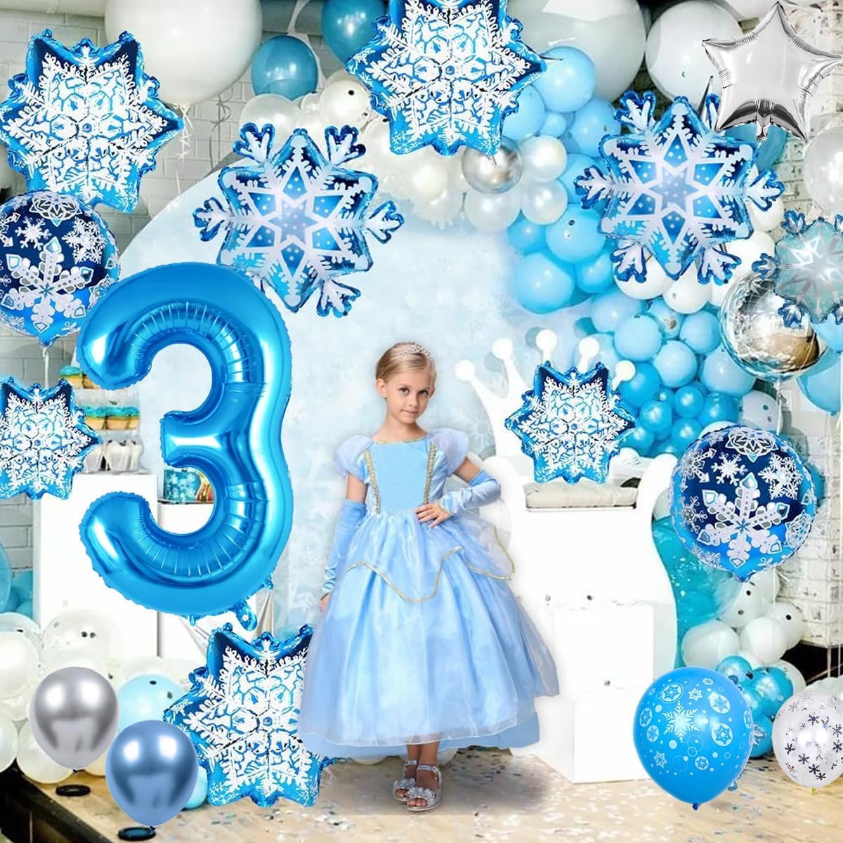 Kit Decorazioni Compleanno 3 Anni Bambina – Palloncini Foil Blu Con Fiocco Di Neve, Striscione, Personaggi, Set Completo Festa