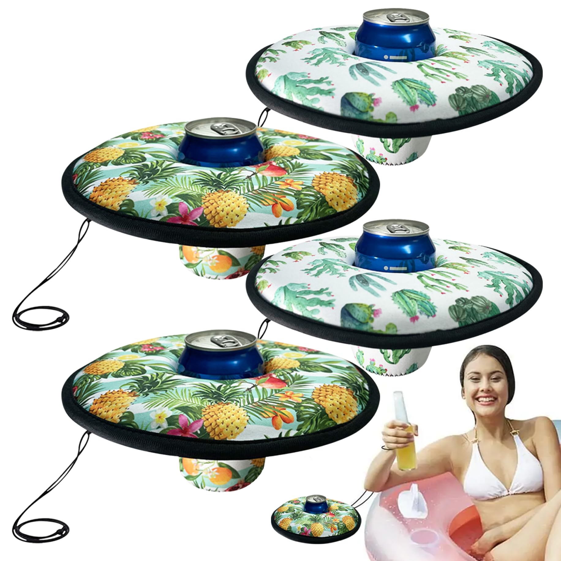 Nirelief 4 PCS Floating Drink Holder 3 in Inner Dia Pool Inflatable Drink Holder with Tie Rope Water Fun Summer Rubber Floaties for Hot Tub, Pool Party, Spa Center Floaties for Fl