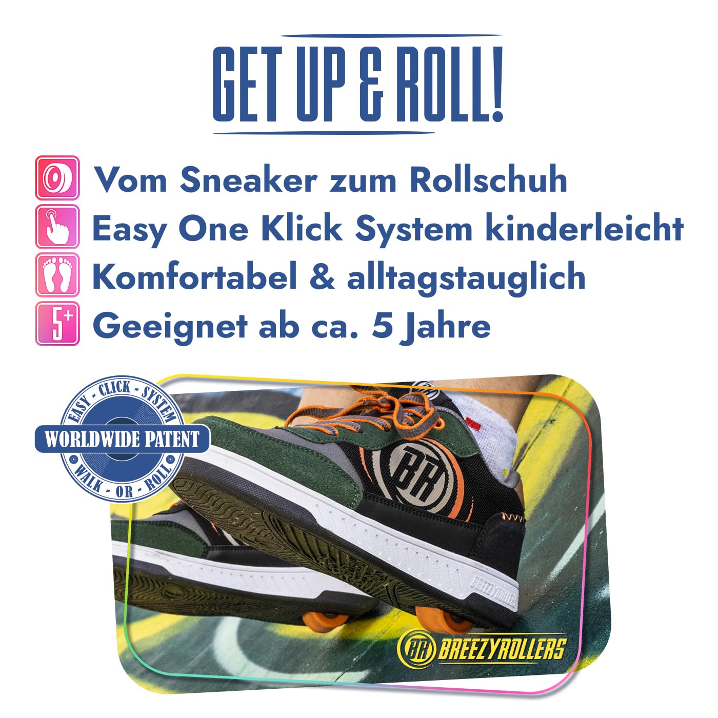 BREEZY ROLLERS Zapatos con ruedas para niños I Zapatillas de patinaje para niños I Desde zapatos de calle para niños hasta patines en pocos segundos. Sistema de clic patentado. Zapatillas con ruedas