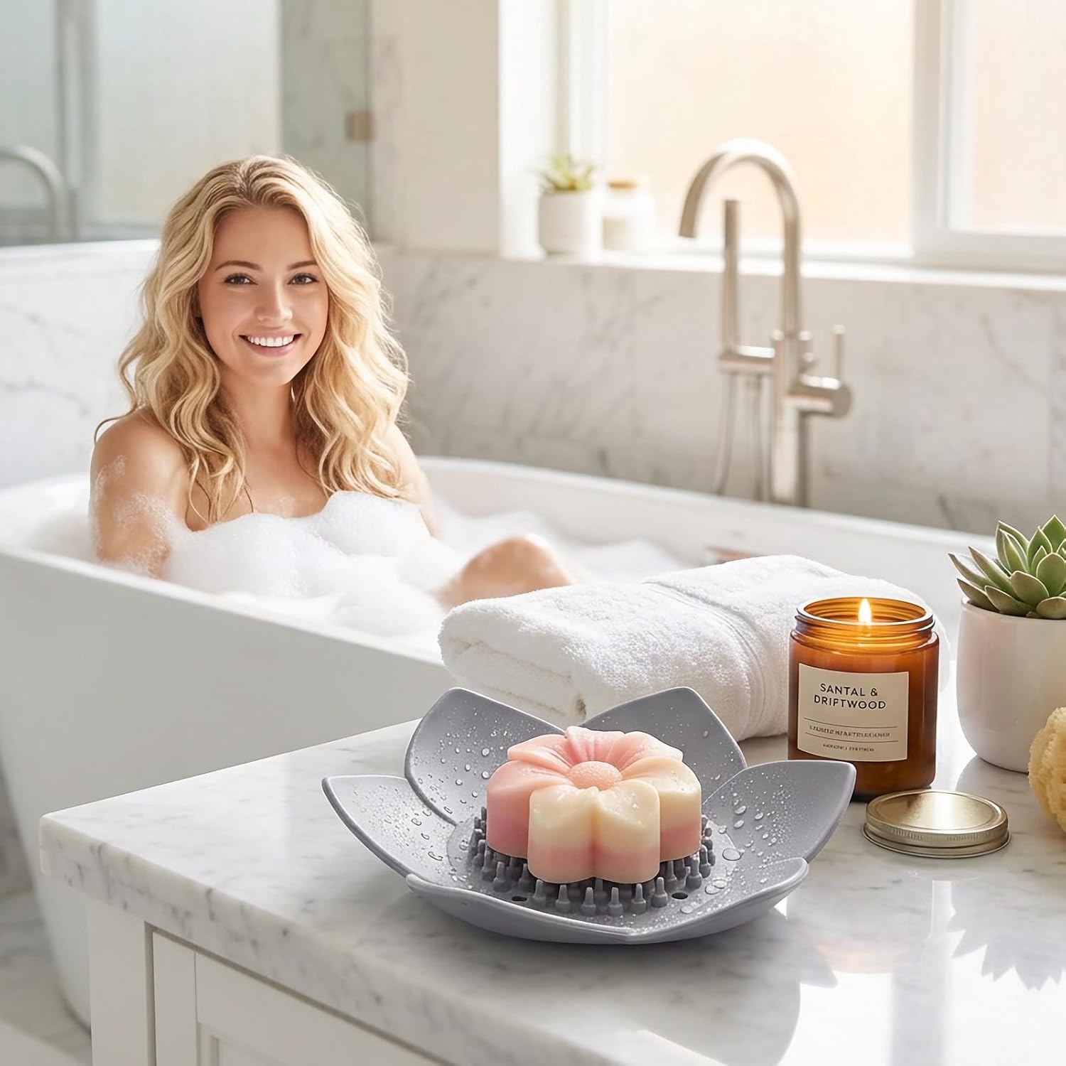 Grey Silicone Soap Dish with Drain, Lotus Shower Steamer Tray, Non-Slip Bar Soap Holder for Bathroom, Kitchen Sink, Bathtub, Extend Soap Life