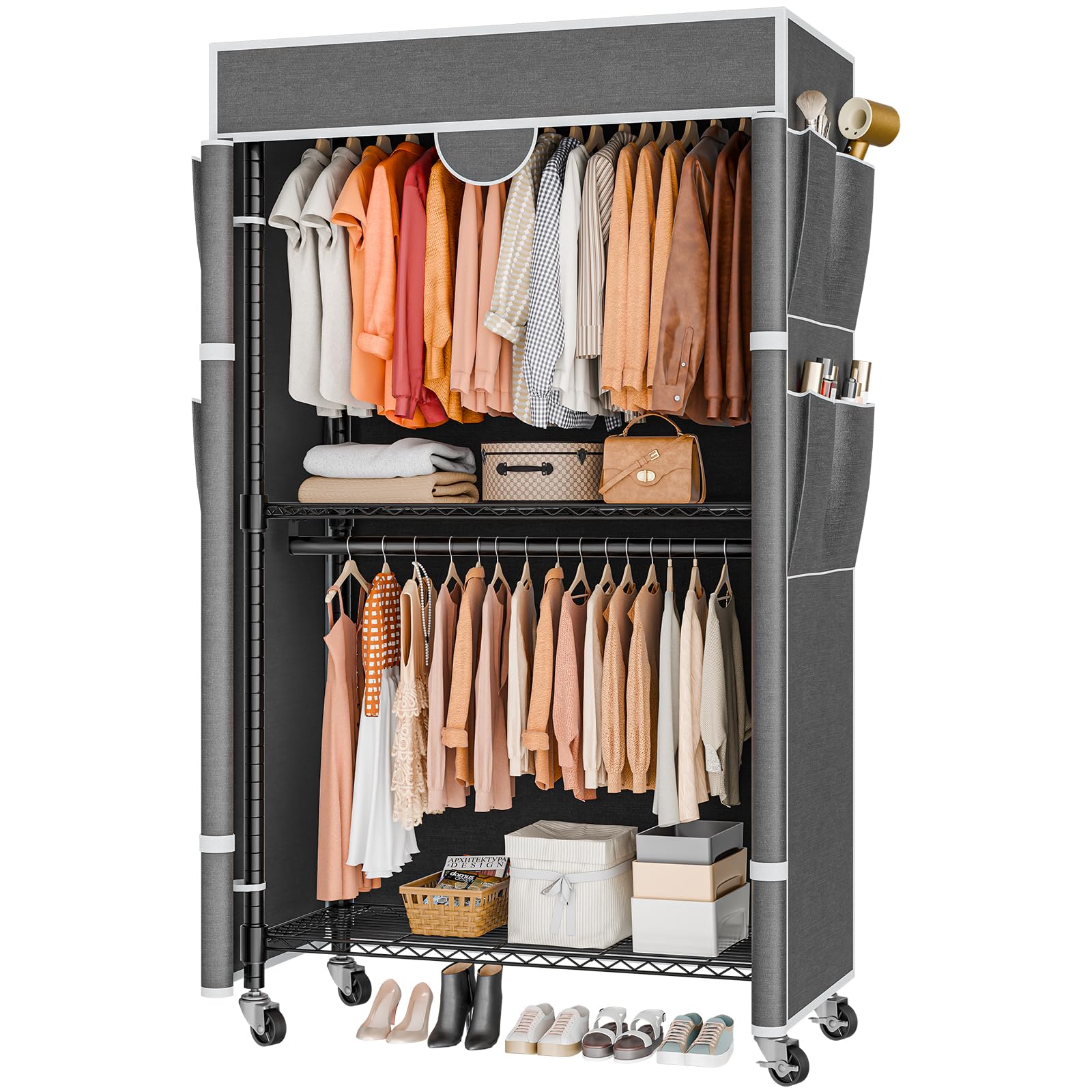 Himimi Appendiabiti su ruote, stabile, doppio appendiabiti con copertura e ripiano regolabile in altezza, armadio aperto in metallo, per camera da letto, 90 x 45 x 205 cm, grigio