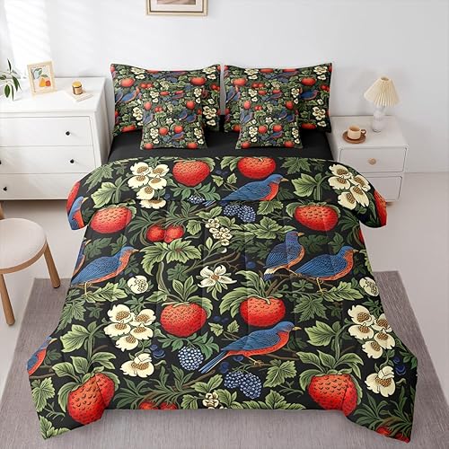 Erosebridal Boho Strawberry Queen Comforter Set Flowers Birds Bed in a Bag with 
